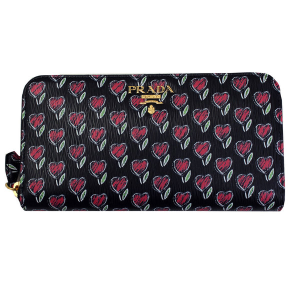 Prada Motif Zip Black Long Wallet Red Heart - Picture 1 of 4